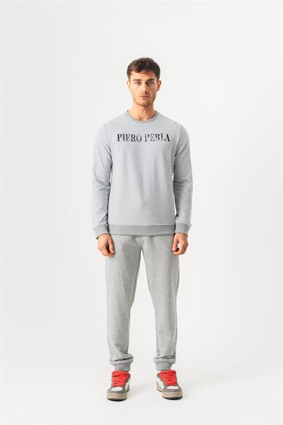 Crew Neck Jaguar Pattern Flock Print Regular Fit Grey Melange Sweatshirt