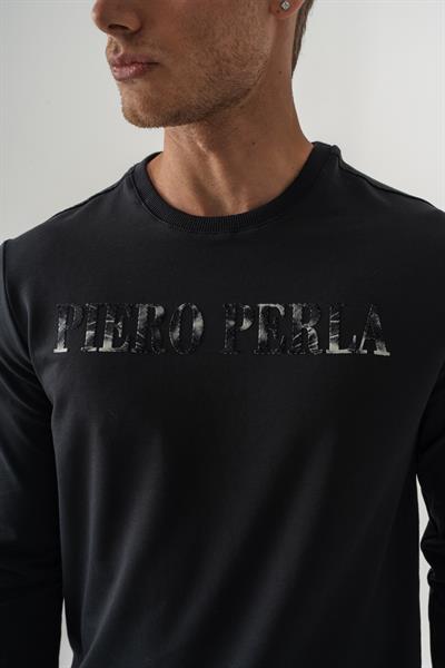 Crew Neck Jaguar Pattern Flocked Print Regular Fit Black Sweatshirt