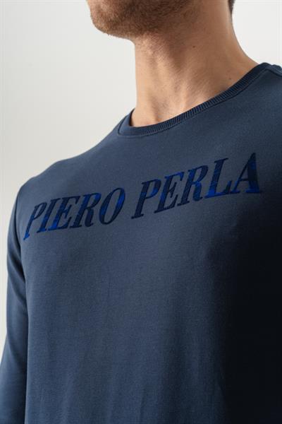 Crew Neck Jaguar Pattern Flocked Print Regular Fit Navy Sweatshirt