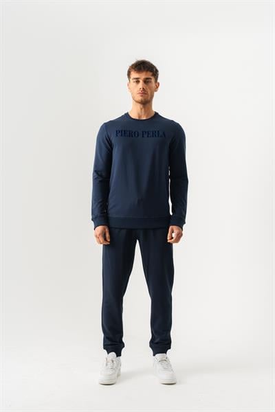 Crew Neck Jaguar Pattern Flocked Print Regular Fit Navy Sweatshirt