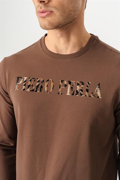 Crew Neck Jaguar Pattern Flocked Print Regular Fit Tan Sweatshirt