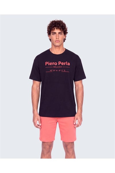 Erkek Bisiklet Yaka Milano Koordinat Baskı Detaylı Oversize Fit T-Shirt
