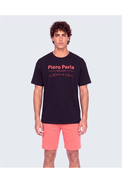 Erkek Bisiklet Yaka Milano Koordinat Baskı Detaylı Oversize Fit T-Shirt