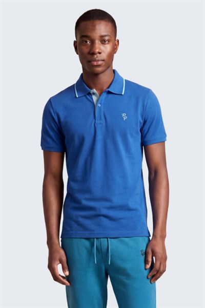 Erkek Eva Nakış Detaylı Ayaksız Triko Yaka Slim Fit Kıvrılmaz Yaka Polo T-Shirt