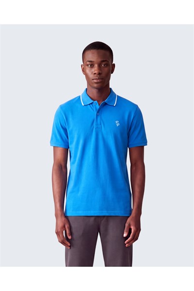 Erkek Eva Nakış Detaylı Ayaksız Triko Yaka Slim Fit Kıvrılmaz Yaka Polo T-Shirt