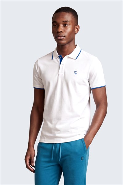 Erkek Eva Nakış Detaylı Ayaksız Triko Yaka Slim Fit Kıvrılmaz Yaka Polo T-Shirt