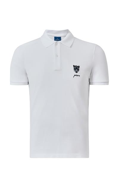 Mens White Polo Collar Slim Fit T-Shirt with Jaguar Embroidery on Front