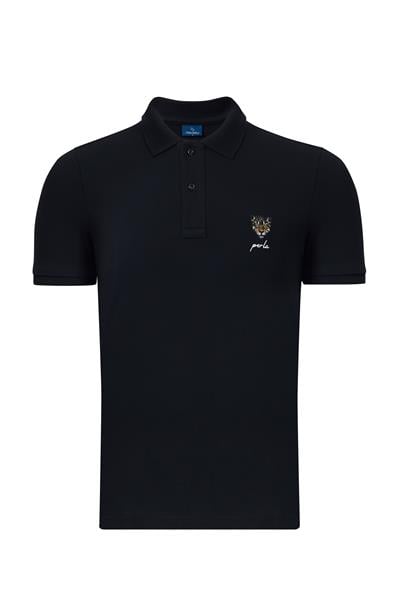 Polo Yaka Slim Fit Ön Jaguar Nakış Erkek Beyaz T-Shirt
