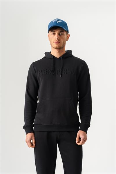 Gofre Baskı Logolu Regular Fit Kapüşonlu Erkek Siyah Hoodie