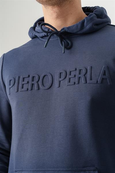 Mens Navy Regular Fit Hooded Hoodie with Embossed Logo