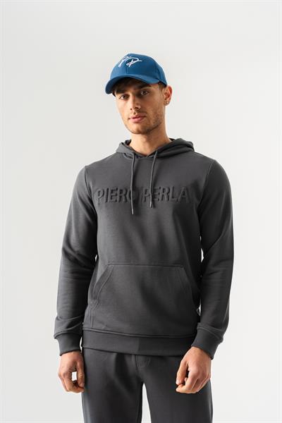 Regular Fit Hooded Mens Hoodie with Embossed Waffle Logo in Anthracite