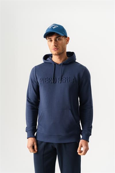 Mens Navy Regular Fit Hooded Hoodie with Embossed Logo