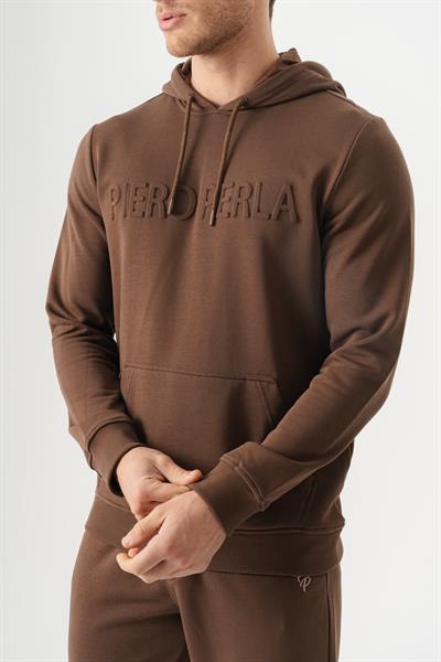 Mens Regular Fit Hooded Hoodie in Tan with Embossed Logo