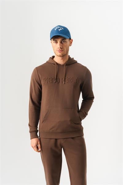 Mens Regular Fit Hooded Hoodie in Tan with Embossed Logo