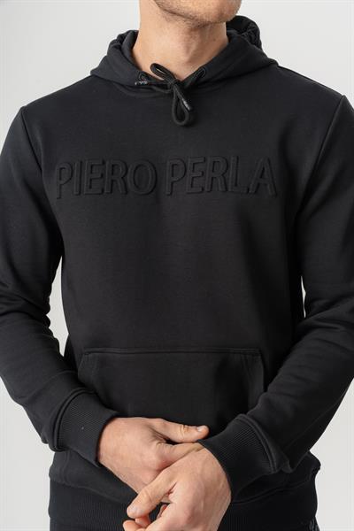 Mens Black Hoodie with Embossed Logo, Regular Fit and Hooded Design.
