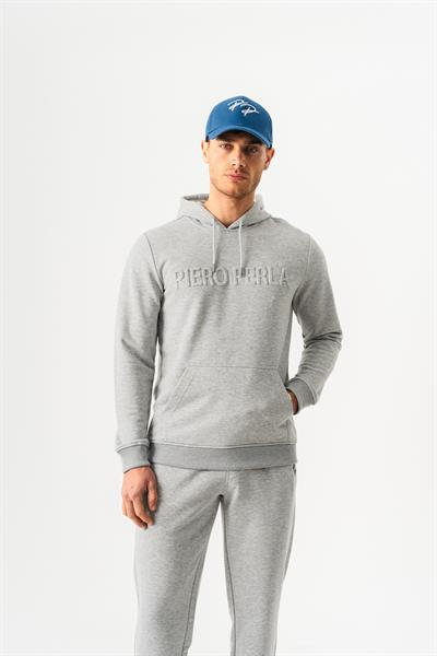 Mens Grey Melange Hoodie with Embossed Logo and Regular Fit