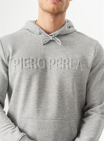 Mens Grey Melange Hoodie with Embossed Logo and Regular Fit