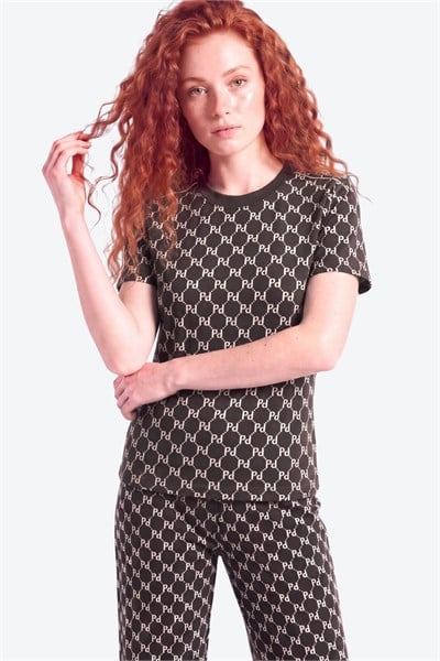 İmza Monogram Desen Detaylı Bisiklet Yaka Regular Fit Kadın T-Shirt