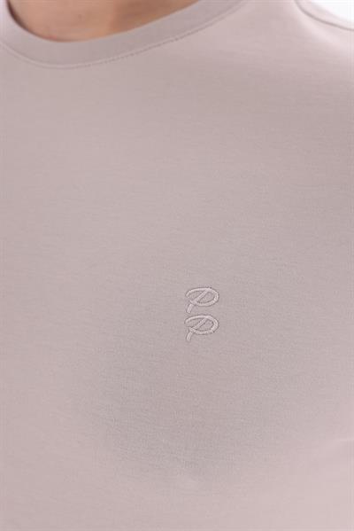 Interlock Compact Tone-on-Tone EVA Embroidered Crew Neck Slim Fit Mens Stone T-Shirt