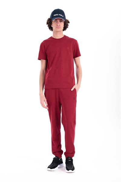 Interlock Compact Tone-on-Tone EVA Embroidered Crew Neck Slim Fit Mens Red T-Shirt