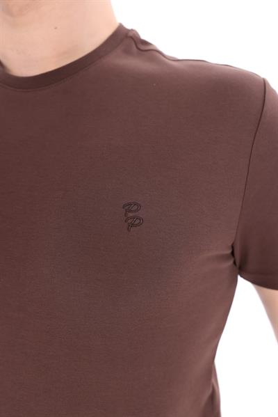 Interlock Compact Tone-on-Tone EVA Embroidered Crew Neck Slim Fit Mens Tan T-Shirt