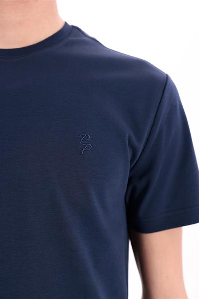 Interlock Compact Tone-on-Tone EVA Embroidered Crew Neck Slim Fit Mens Navy T-Shirt