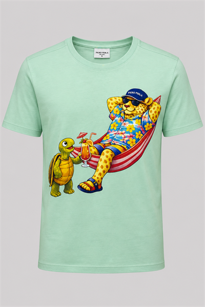 Jaguar Baskı Detaylı Bisiklet Yaka Regular Fit Erkek Su Yeşili T-Shirt