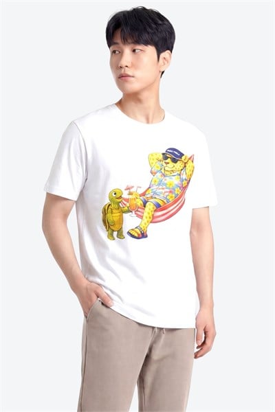 Jaguar Baskı Detaylı Bisiklet Yaka Regular Fit Erkek Beyaz T-Shirt
