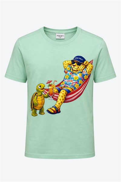 Jaguar Baskı Detaylı Bisiklet Yaka Regular Fit Erkek Su Yeşili T-Shirt