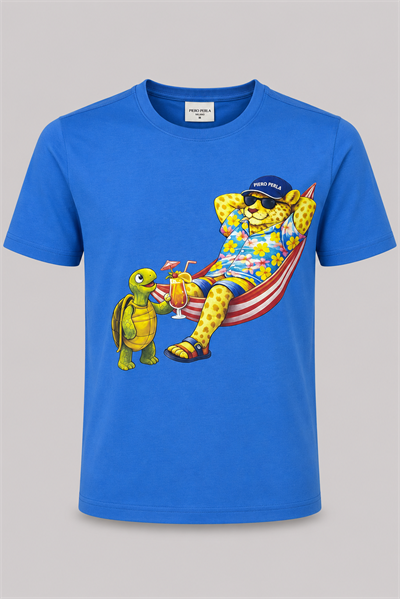 Jaguar Baskı Detaylı Bisiklet Yaka Regular Fit Erkek Mavi T-Shirt