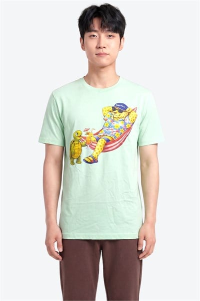 Jaguar Baskı Detaylı Bisiklet Yaka Regular Fit Erkek Su Yeşili T-Shirt