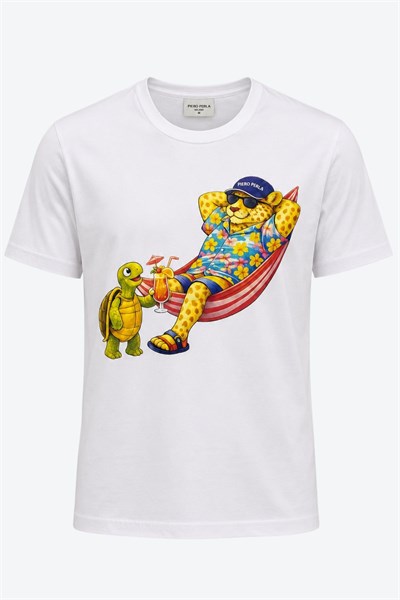 Jaguar Baskı Detaylı Bisiklet Yaka Regular Fit Erkek Beyaz T-Shirt