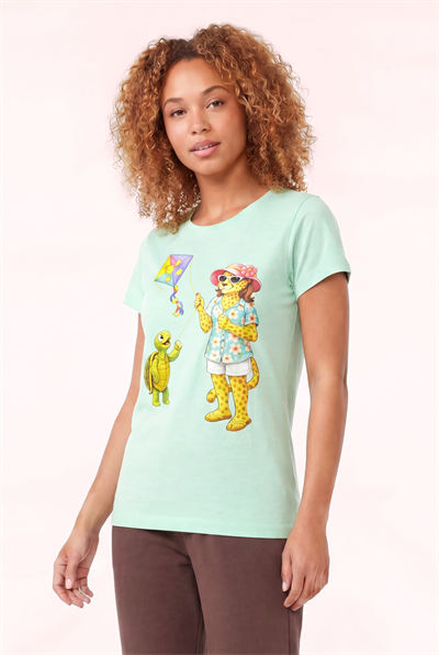 Jaguar Baskı Detaylı Bisiklet Yaka Slim Fit Kadın Su Yeşili T-Shirt