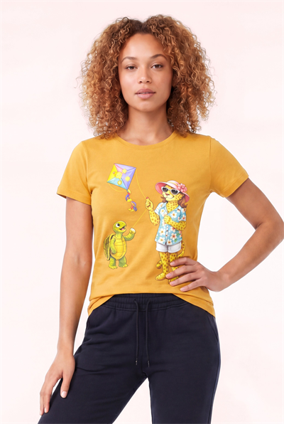 Jaguar Baskı Detaylı Bisiklet Yaka Slim Fit Kadın Hardal T-Shirt