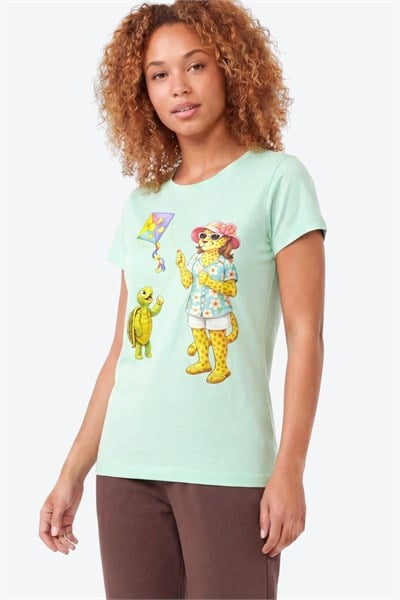 Jaguar Baskı Detaylı Bisiklet Yaka Slim Fit Kadın Su Yeşili T-Shirt