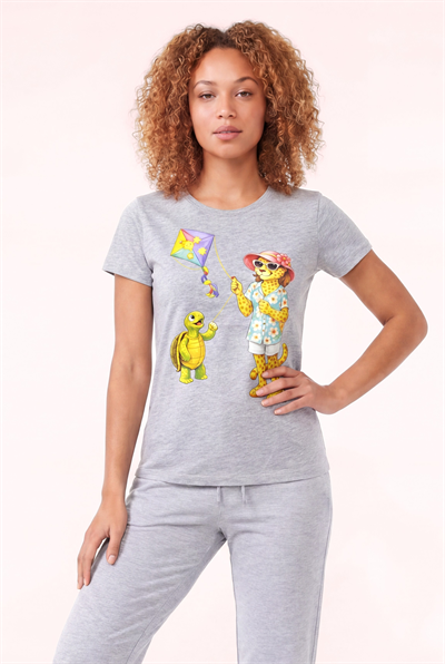 Jaguar Baskı Detaylı Bisiklet Yaka Slim Fit Kadın Gri T-Shirt