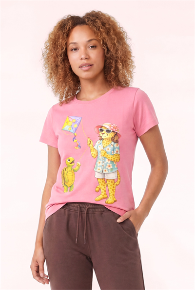 Jaguar Baskı Detaylı Bisiklet Yaka Slim Fit Kadın Pembe T-Shirt