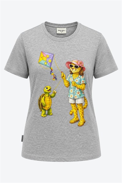 Jaguar Baskı Detaylı Bisiklet Yaka Slim Fit Kadın Gri T-Shirt