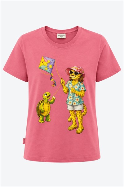 Jaguar Baskı Detaylı Bisiklet Yaka Slim Fit Kadın Pembe T-Shirt