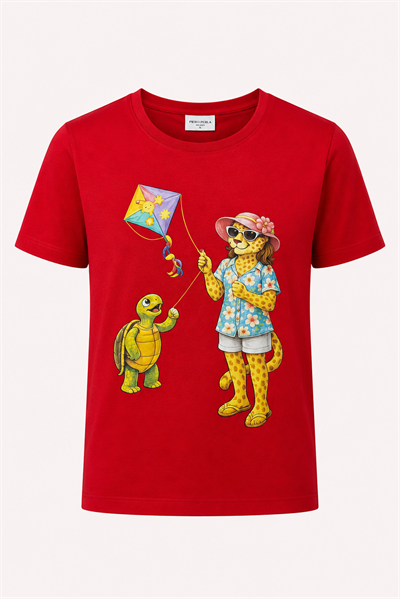 Jaguar Baskı Detaylı Bisiklet Yaka Slim Fit Kadın Kırmızı T-Shirt