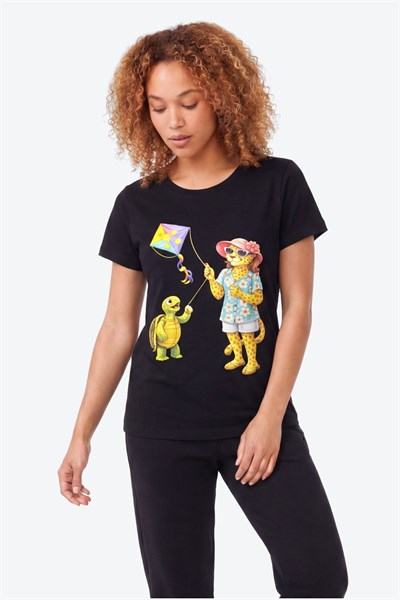 Jaguar Baskı Detaylı Bisiklet Yaka Slim Fit Kadın Siyah T-Shirt
