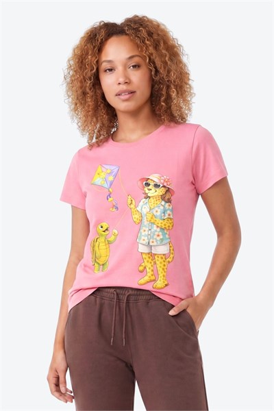Jaguar Baskı Detaylı Bisiklet Yaka Slim Fit Kadın Pembe T-Shirt