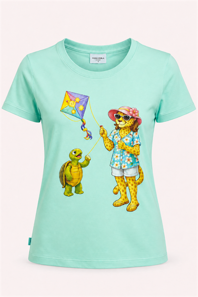 Jaguar Baskı Detaylı Bisiklet Yaka Slim Fit Kadın Su Yeşili T-Shirt