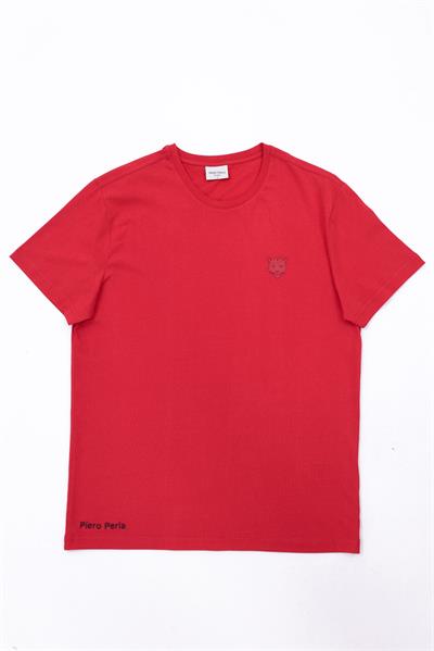 Jaguar Print and Skirt Embroidery Crew Neck Slim Fit Mens Red T-Shirt