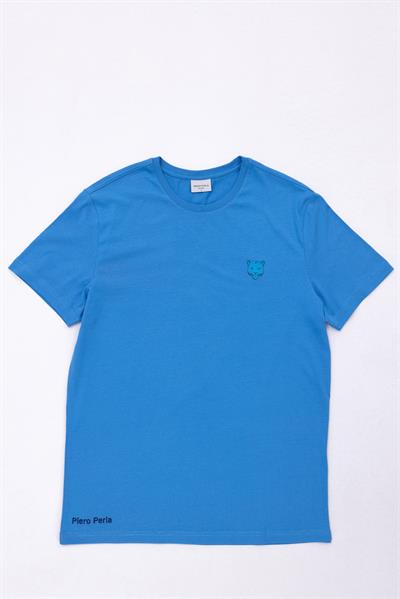 Jaguar Print and Skirt Embroidery Crew Neck Slim Fit Mens Light Blue T-Shirt