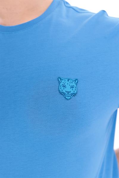 Jaguar Print and Skirt Embroidery Crew Neck Slim Fit Mens Light Blue T-Shirt