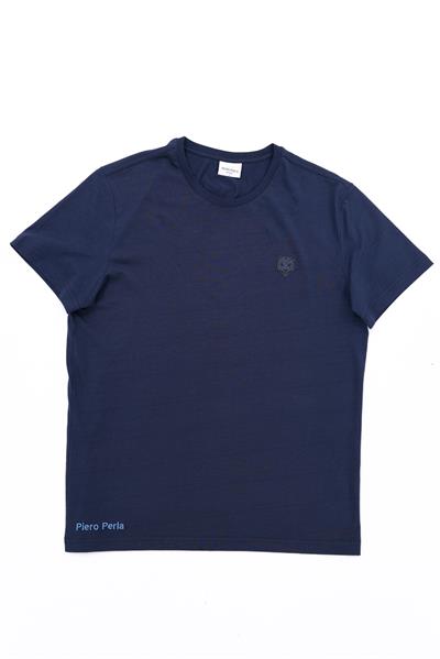 Jaguar Print and Skirt Embroidery Crew Neck Slim Fit Mens Navy T-Shirt