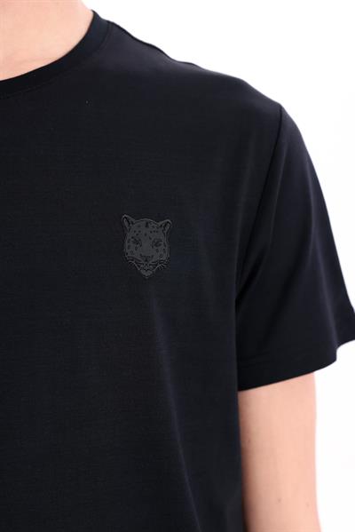 Jaguar Print and Skirt Embroidery Crew Neck Slim Fit Mens Black T-Shirt