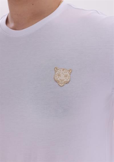 Jaguar Print and Skirt Embroidery Crew Neck Slim Fit Mens White T-Shirt