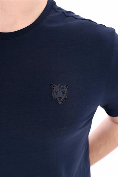 Jaguar Print and Skirt Embroidery Crew Neck Slim Fit Mens Navy T-Shirt